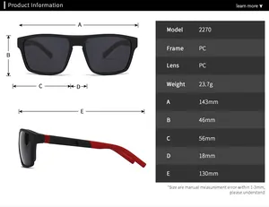Detailed size chart for TR90 polarized men's sunglasses showing frame dimensions