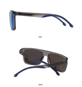 Detail view showing side and back angles of square frame polarized sunglasses with blue accents