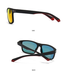 Detail view of sport sunglasses with matte black frame and multicolor polarized lenses