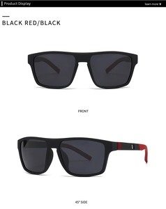 Front and 45-degree side views of black and red polarized square sunglasses for men