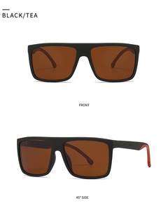 Front and 45-degree side views of square matte black sunglasses with tea polarized lenses