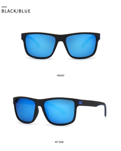 Front and side view of rectangular matte black sunglasses with blue reflective lenses