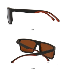Detail views of matte black square polarized sunglasses with orange side accents