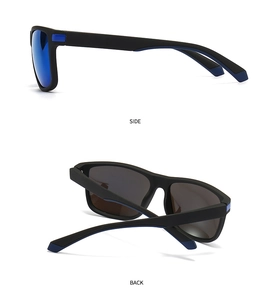 Detail view of retro square polarized sunglasses featuring black frames and blue temple accents