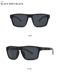 Front and 45-degree side views of classic matte black polarized square sunglasses for men