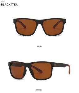 Close-up of matte black rectangular sunglasses featuring tea lenses and red side accents
