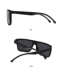 Detail view showing side and back angles of matte black square polarized sunglasses