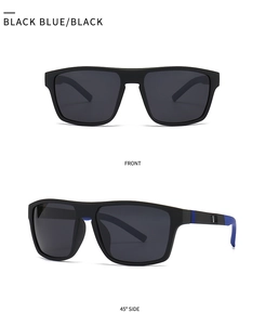 Front and side view of classic square polarized sunglasses with black and blue frames