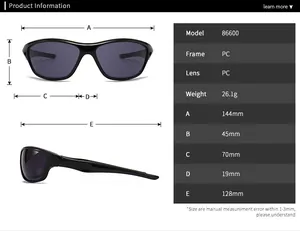 Detailed size guide with measurements for modern sport sunglasses PC frame and lens