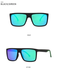 Front and side view of square matte black sunglasses with blue-green polarized lenses