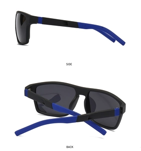 Detailed side and back views of square polarized sunglasses with blue textured temples