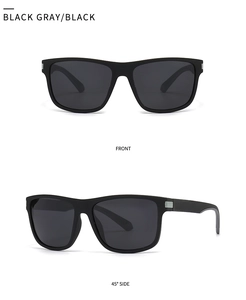 Front and 45-degree side views of modern square polarized sunglasses in matte black