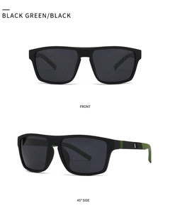 Detail of black matte square polarized sunglasses with vibrant green stripe on temples