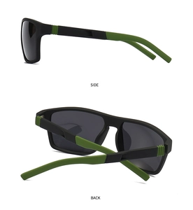 Side and back view of matte black polarized sunglasses with green anti-slip temples