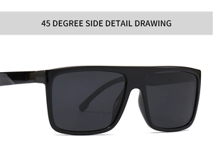 Detailed 45-degree side view of black square polarized sunglasses with glossy frame