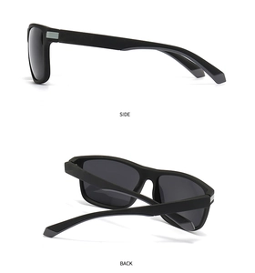 Detail view of modern retro narrow square sunglasses with side and back folding profile