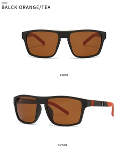 Front and 45 degree side views of polarized sports sunglasses with black and orange frame