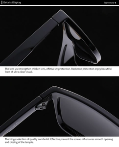 Detail display of square polarized sunglasses with reinforced hinges and UV protection
