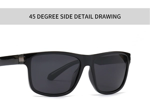Detailed 45-degree side view of black square sunglasses with silver metal hinge accents