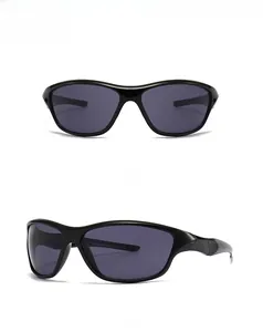 Front and 45-degree side views of black sporty sunglasses with polarized dark lenses