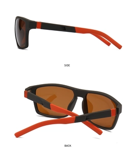 Side and back view of matte black sports sunglasses with orange non-slip arm details