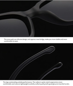 Detail of ergonomic silicone nose pads and anti-slip temples on matte black sunglasses