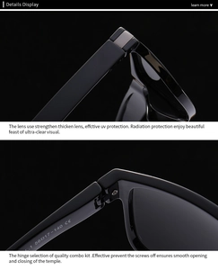 Detail of durable hinges and UV protection lenses on black rectangular sunglasses