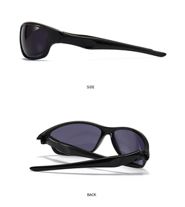 Side and back view of black sports sunglasses with polarized lenses and streamlined temples