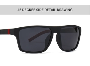 Detailed 45-degree side view of matte black square sunglasses with red stripe accents