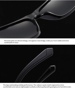Detail of silicone nose pads and ergonomic anti-slip temples on black sunglasses
