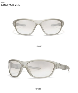 Front and 45-degree side views of sporty gray and silver frame sunglasses with gray lenses