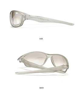 Detail view of transparent grey sports sunglasses with CE certification on the temple