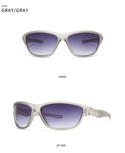 Detailed front and side views of matte gray sports sunglasses with purple lenses