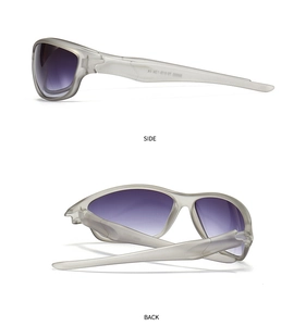 Side and back view of retro sports sunglasses with translucent grey frames and purple lenses