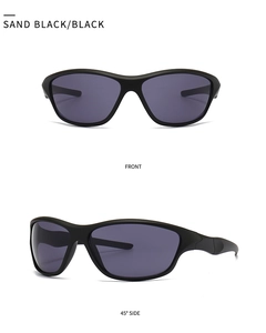 Front and 45-degree side views of sand black sports sunglasses with dark polarized lenses