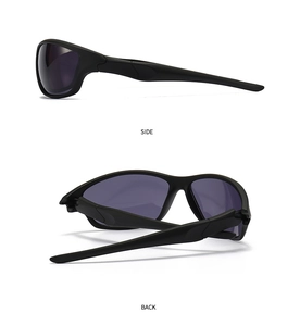 Side and back view of matte black sports sunglasses with grey polarized lenses