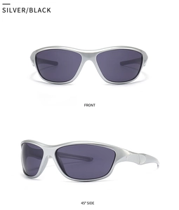 Front and 45-degree side views of silver sports sunglasses with dark grey UV lenses