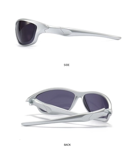 Side and back view of sleek silver frame sports sunglasses with dark polarized lenses