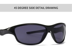 Close-up 45-degree side view of vintage sports sunglasses with black frames and dark lenses