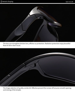 Detail view of thickened UV protective lenses and durable hinge on sports sunglasses