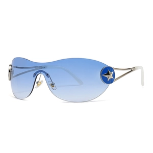 Futuristic rimless sunglasses with light blue gradient lenses and star accents