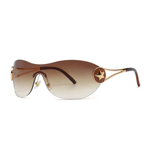 Retro oversized shield sunglasses with gradient brown lenses and gold star detail