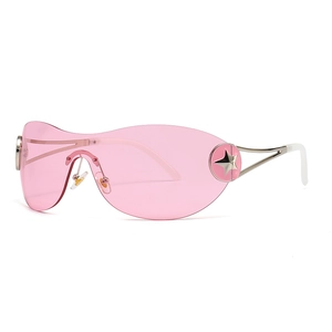Modern Y2K rimless one-piece shield sunglasses in pink with silver star ornaments