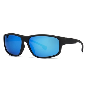 Lunettes de soleil de sport polarisées à monture carrée noire mate et verres miroirs bleus
