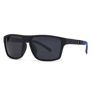 Classic men's square polarized sunglasses with matte black frames and blue temple details