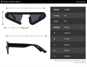 Detailed size specifications for triangular cat eye sunglasses with polycarbonate frame
