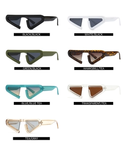Detailed grid showing seven color variations of trendy triangular cat-eye sunglasses