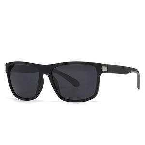 Modern retro matte black square sunglasses with dark lenses and silver metal temple accents