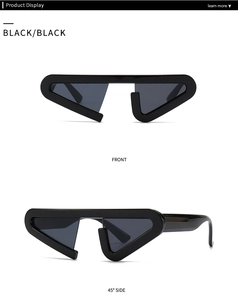 Detailed front and side views of trendy black triangular cat-eye sunglasses