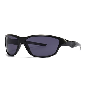 Classic sports sunglasses with gloss black frames and dark grey lenses for driving